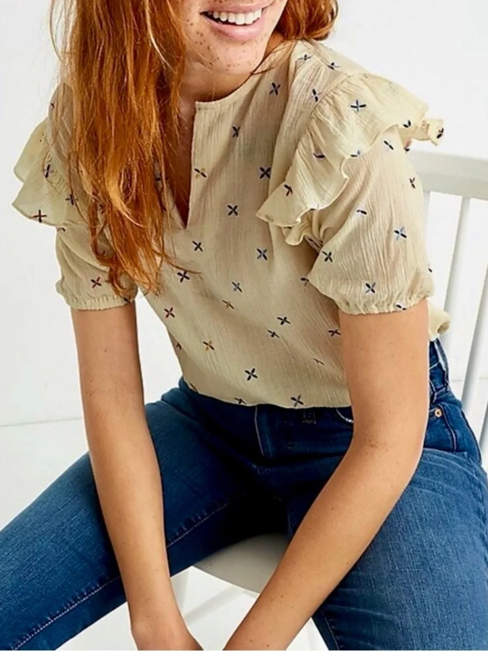 Madewell Embroidered Gazebo Top Rainbow X Gauzy Ruffle Blouse Cream Size M